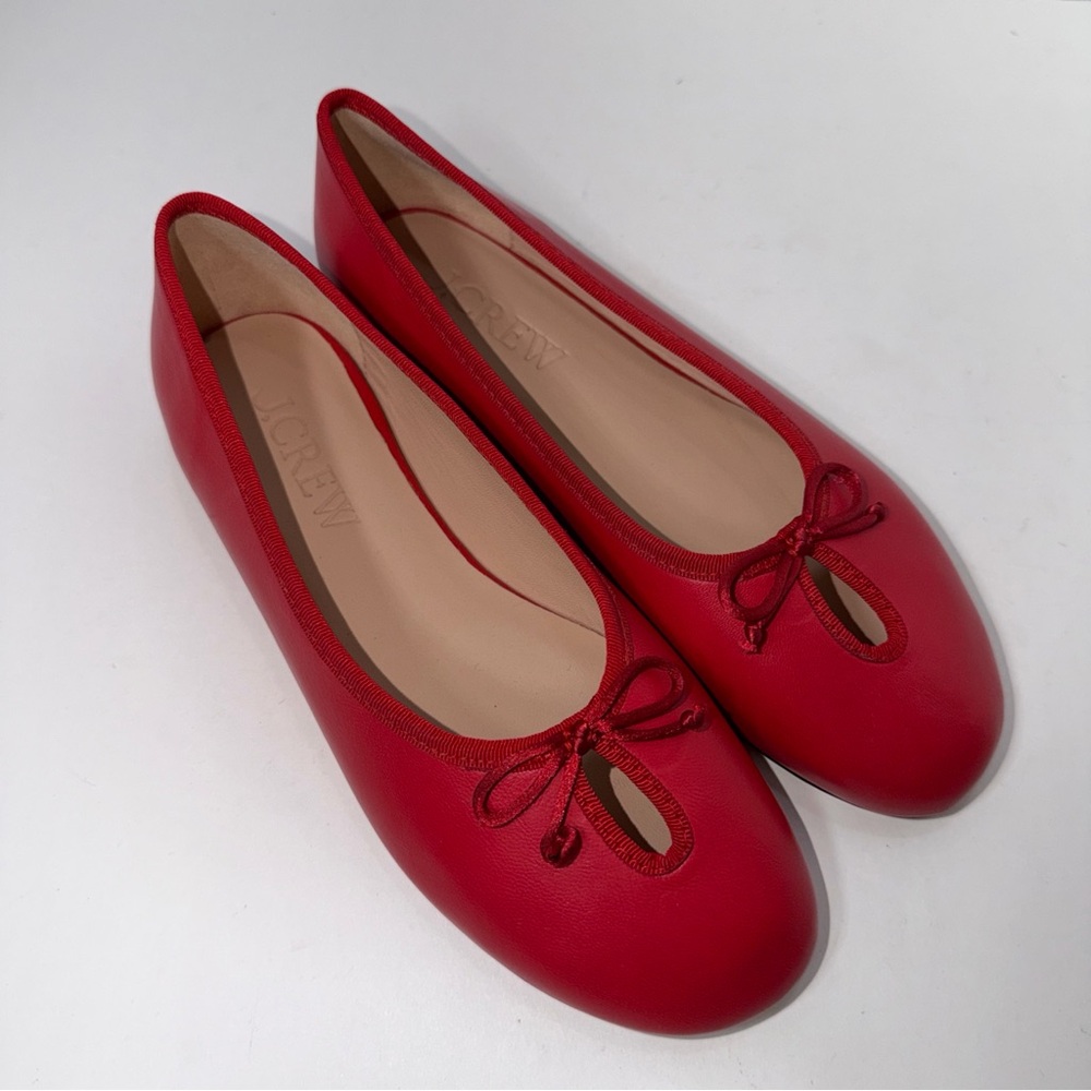 J. Crew Red Leather Ballet Flats with Keyhole Bow